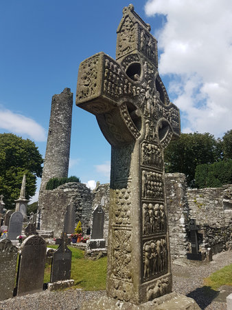 Celtic High Cross in the historic ruins of Monasterboice, an early Christian settlement near...