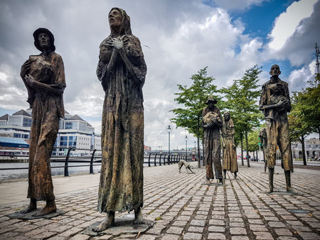 DUBLIN, IRELAND - August 4th, 2019: The Famine statues in Custom House Quay in the Dublin Docklands