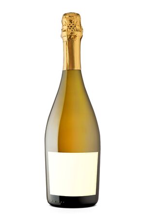 Bottle of champagne with golden foil and blank label isolated on white backgroundの写真素材