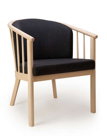 Side view of wooden chair with black textile seatの写真素材