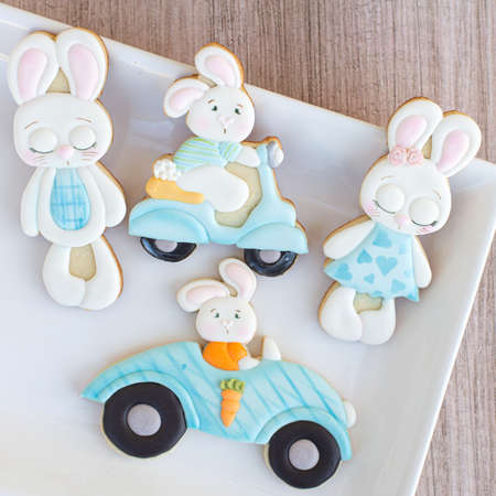 Creative home made Easter rabbit family cookies royal icingの写真素材