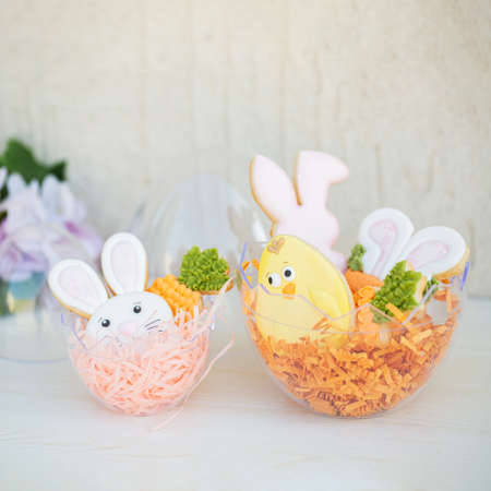 Creative home made Easter cookies with royal icingの写真素材