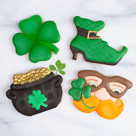 Saint Patrick's home made and decorated cookies with royal icingの写真素材