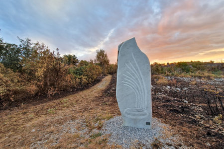 Early morning around Cerje monument after big summer wildfires in Karst region in Sloveniaの写真素材