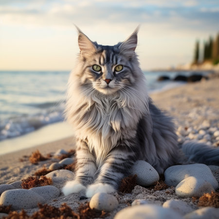 beautiful Maine Coon  cat on the beach near the sea at sunsetの素材
