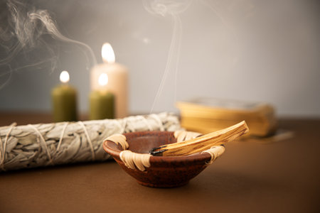 Palo santo stick with white sage and tarot deckの写真素材