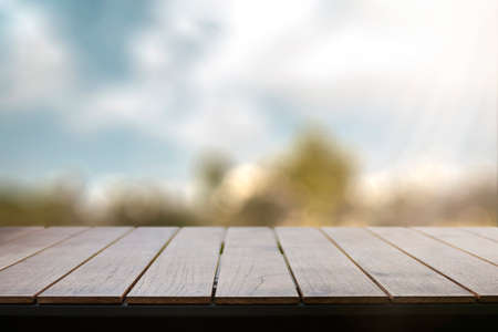 Empty wooden table with garden backgroundの写真素材