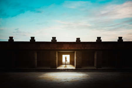 silhouette of Woman doing yoga at sunset in vrksasana poseの写真素材