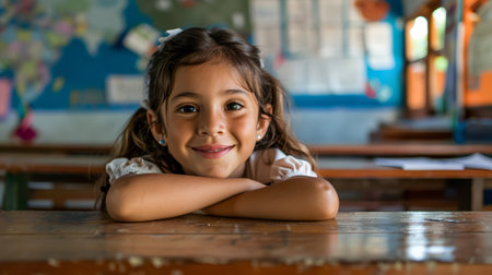 Portrait of a Latino student child in his classroom smiling sitting at a desk in the classroomの素材