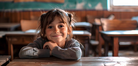 Portrait of a low-income child student in his classroom smiling sitting at a desk in the classroomの素材