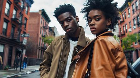 African American couple modeling on the streets of a city in modern clothingの素材