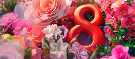 number 8 in 3d surrounded by flowers - concept of 8 march women's dayの素材