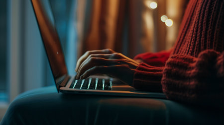 close-up of a woman's hands using her laptop next to a windowの素材