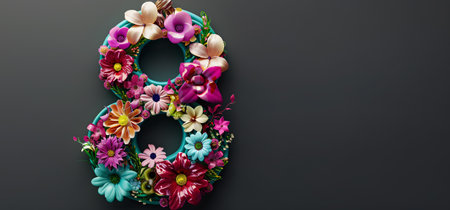 number 8 in 3d surrounded by flowers - concept of 8 march women's dayの素材
