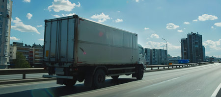 truck driving around the city to deliver merchandiseの素材