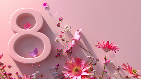 number 8 in 3d surrounded by flowers - concept of 8 march women's dayの素材