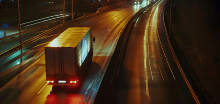truck driving through the city at night to deliver merchandiseの素材