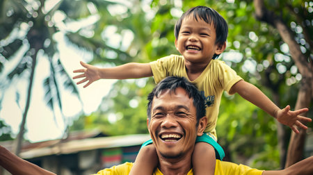 father with his son on his shoulders enjoying life with a big smileの素材