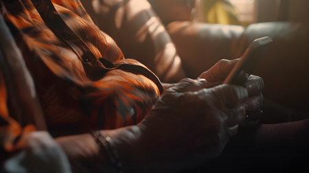 grandma sitting on her couch using her smart phone with a beautiful warm light coming through her window.の素材