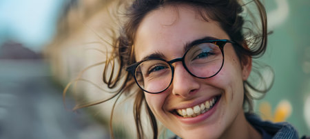 happy woman with new glasses enjoying her new sightの素材