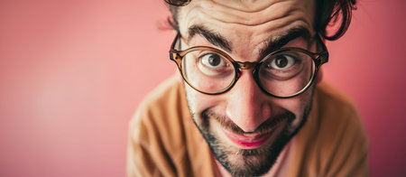 happy man with new glasses enjoying his new sight on a pink backgroundの素材