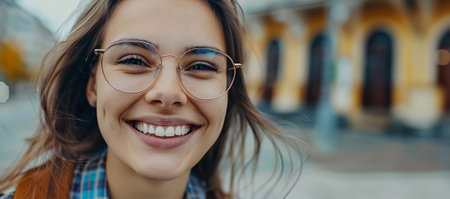 happy woman with new glasses enjoying her new sightの素材