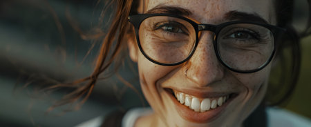 happy woman with new glasses enjoying her new sightの素材