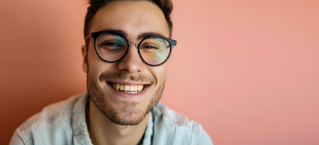 happy man with new glasses enjoying his new sight on a pink backgroundの素材