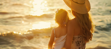 mother with her daughter on the beach shore in a beautiful sunset symbolizing mother's loveの素材