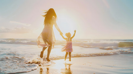 mother with her daughter on the beach shore in a beautiful sunset symbolizing mother's loveの素材