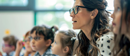 teacher of young children with her students teaching class at schoolの素材