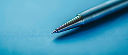 Closeup of a ballpoint pen on a blue copyspace backgroundの素材