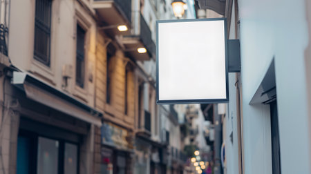 Closeup of a square shop sign on a city street - mockupの素材