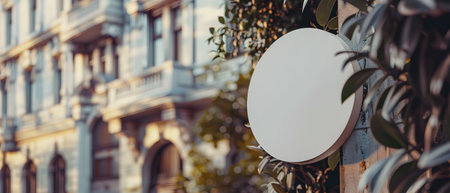 Closeup of a round shop sign on a city street - mockupの素材