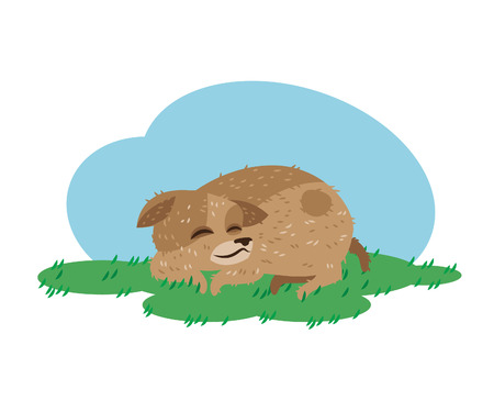 Tired puppy sleeping outside on grassのイラスト素材