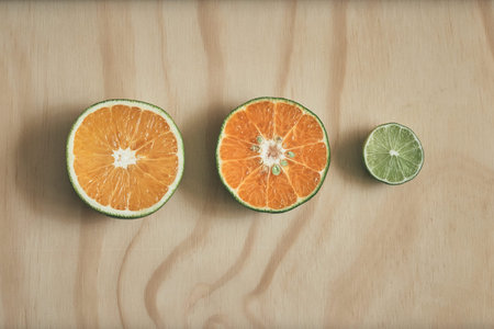 Citrus fruits cut on a wooden table