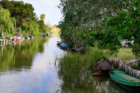 Valencia, Spain - 03 of May of 2017: Set of boats of fishermen of the Palmar in the Valencian Community.のeditorial素材