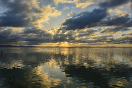 Valencia, Spain - May 03, 2017: Sunset at the viewpoint of the Albufera of Valencia, Spain.のeditorial素材