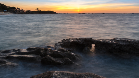Landscape and sunset on the island of Arousa in Galicia, Spainの写真素材