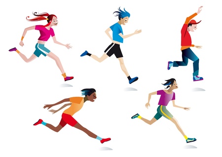 Five boys and girls running (white background).のイラスト素材