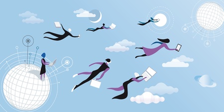 Men a women flying and working between cloudsのイラスト素材
