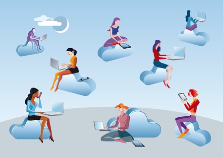 Eight girls and women access to Internet data in the cloud while they are sitting on blue clouds. Attitudes of professional work and leisure in social networks.のイラスト素材