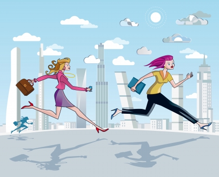 Business women running to work between skyscrapers  A blue sky with clouds のイラスト素材