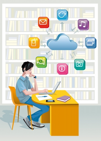 A teenage boy sitting in a public library at the laptop computer  Above is a cloud and a set of internet icons  He is studying helped by technology のイラスト素材