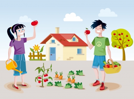 A boy and a girl working happily in a small back garden near his home picking some fruits and vegetables のイラスト素材