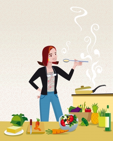 An attractive and elegant woman tasting a soup that she is cooking in their home Kitchen surrounded by healthy cooking ingredients のイラスト素材