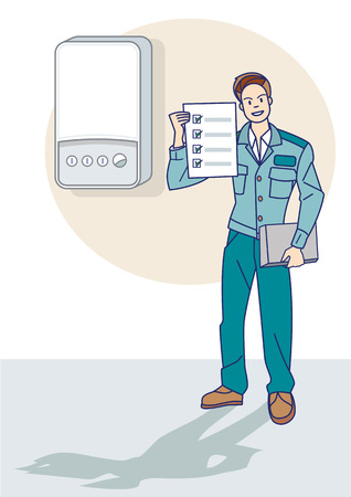 A gas technician inspecting the proper functioning of a boiler for natural gas leaks  のイラスト素材