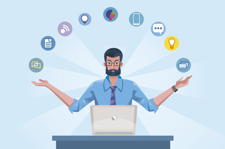 Handsome senior man with beard in shirt and tie working on laptop. He is a tecnology expert guru.のイラスト素材