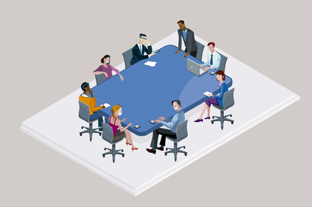 Colleagues at an office meeting arround a big blue conference table.のイラスト素材