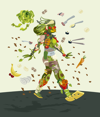 Healthy organic food concept. Smiling female silhouette made with fresh fruits an vegetables. She walks optimistically and decisively.のイラスト素材